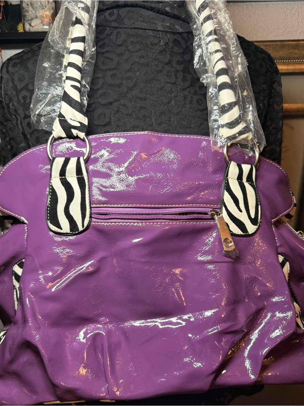 JY Fashion Y2K Purple Glossy Zebra Print Rosette Flower Purse Bag - Picture 10 of 16